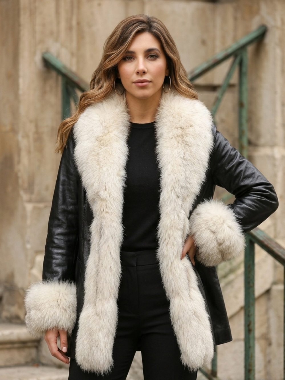 Vintage 60s Leather Penny Lane Fox Fur Collar Front Cuffs Trim Swing Coat Jacket